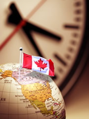 地球儀とカナダの国旗写真
